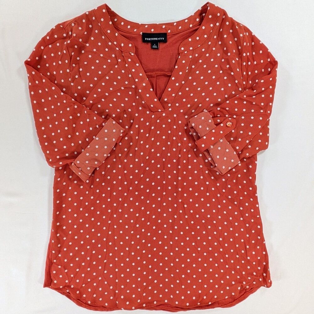 Fortune + Ivy Women's Mixed Material Blouse Orange Polka Dot Small Boho